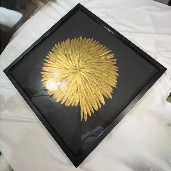 Signed Gold Feather Burst 24x24 Shadow Box Wall Art 1991 Feather Collection